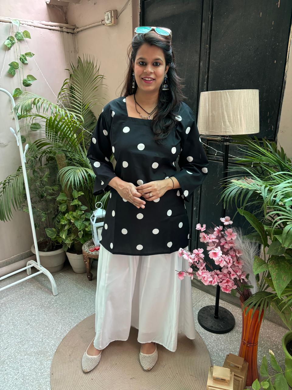 Noor Short Kurti- Black Polka Dot