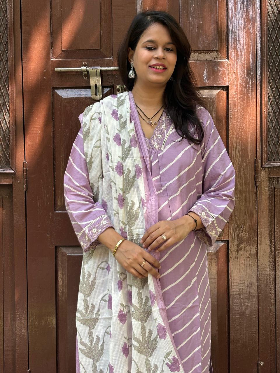 Lavendar Lehariya Suit Set with Hand Block printed dupatta