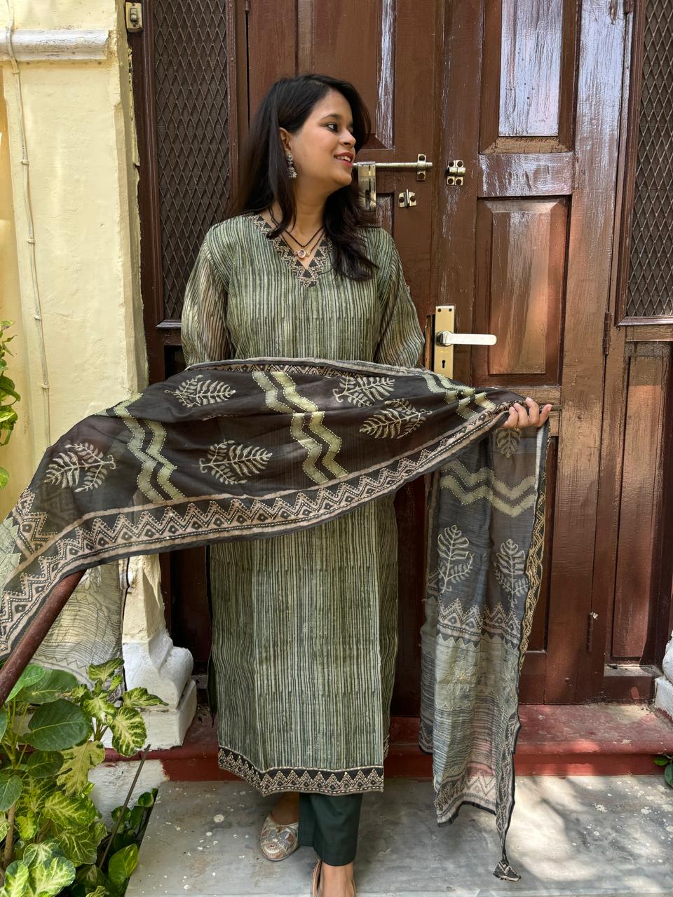 Olive Green Heritage Suit Set with hand embroidered Dupatta