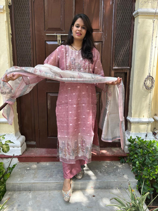 Dusty Rose Printed Suit Set with Dupatta