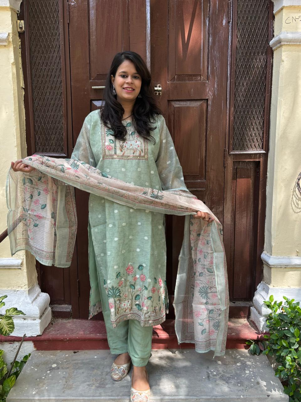 Pista Green Printed Suit Set with Dupatta