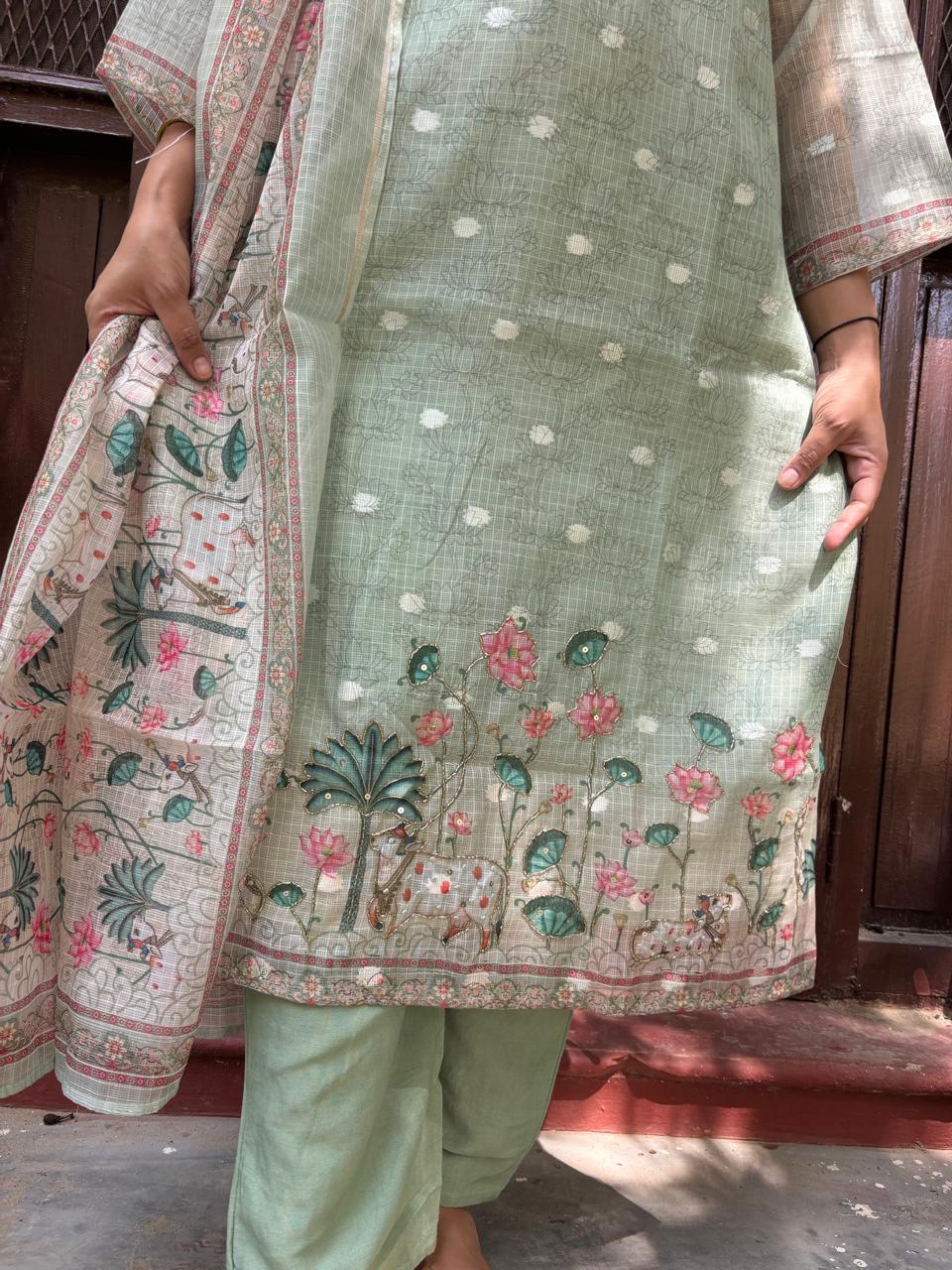Pista Green Printed Suit Set with Dupatta
