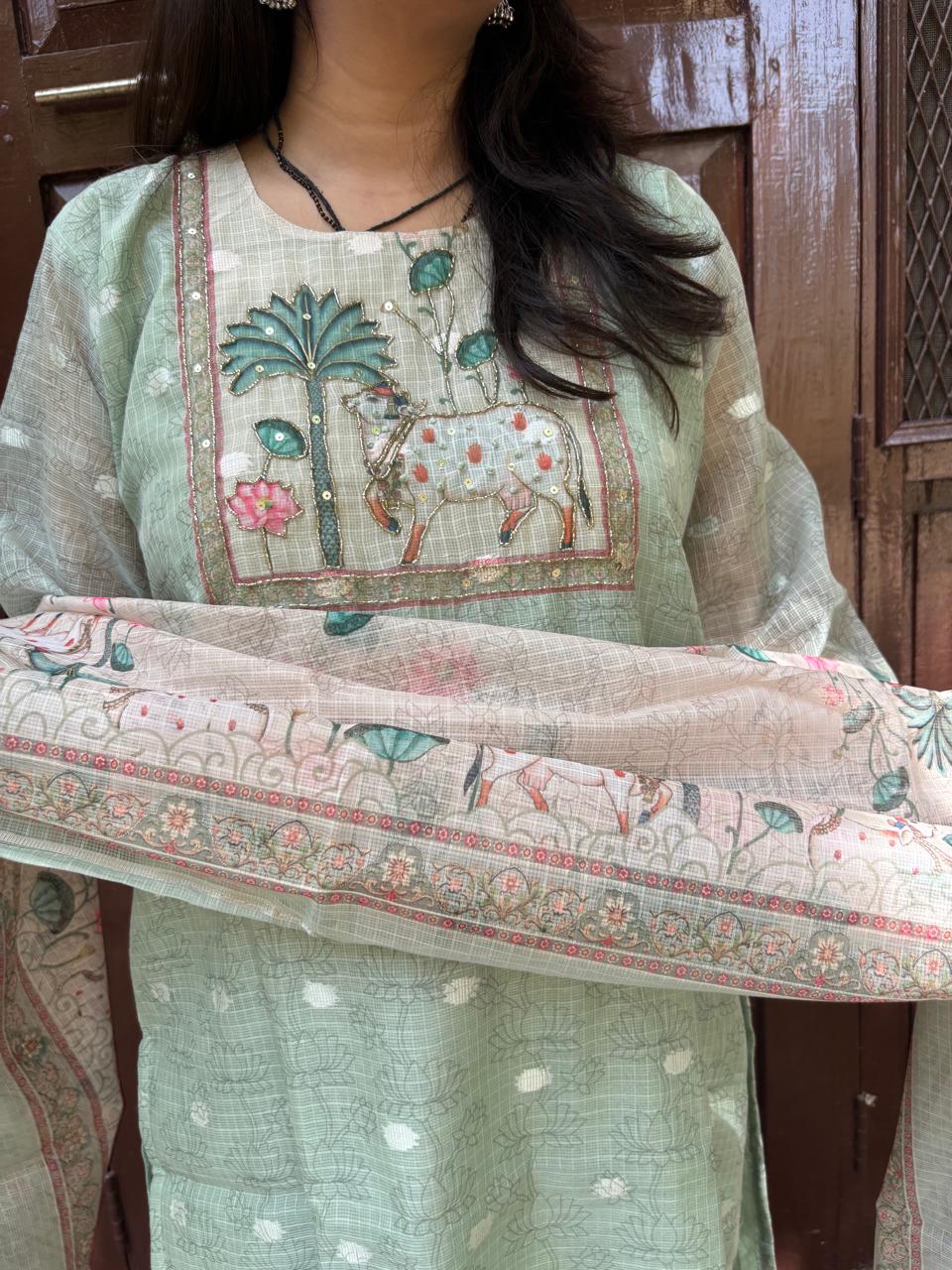 Pista Green Printed Suit Set with Dupatta