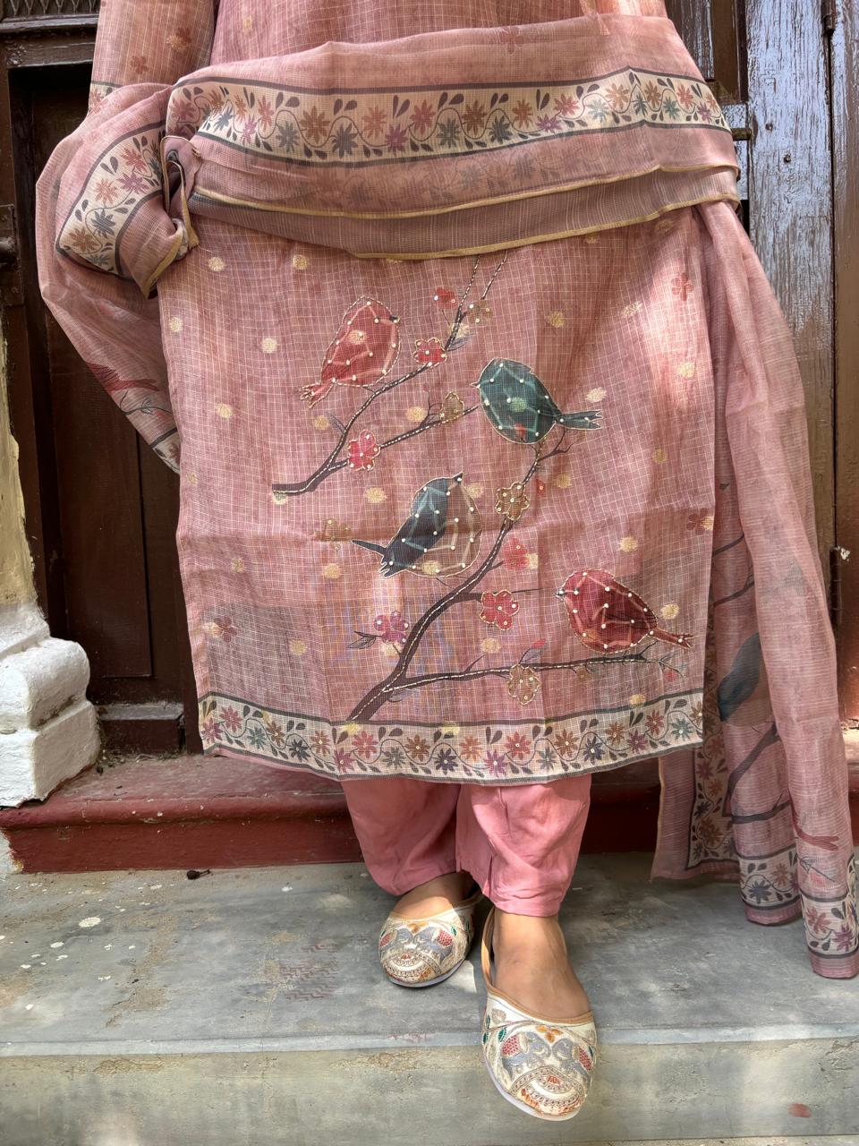 Vintage Rose Silk fully hand embroidered Printed Suit Set