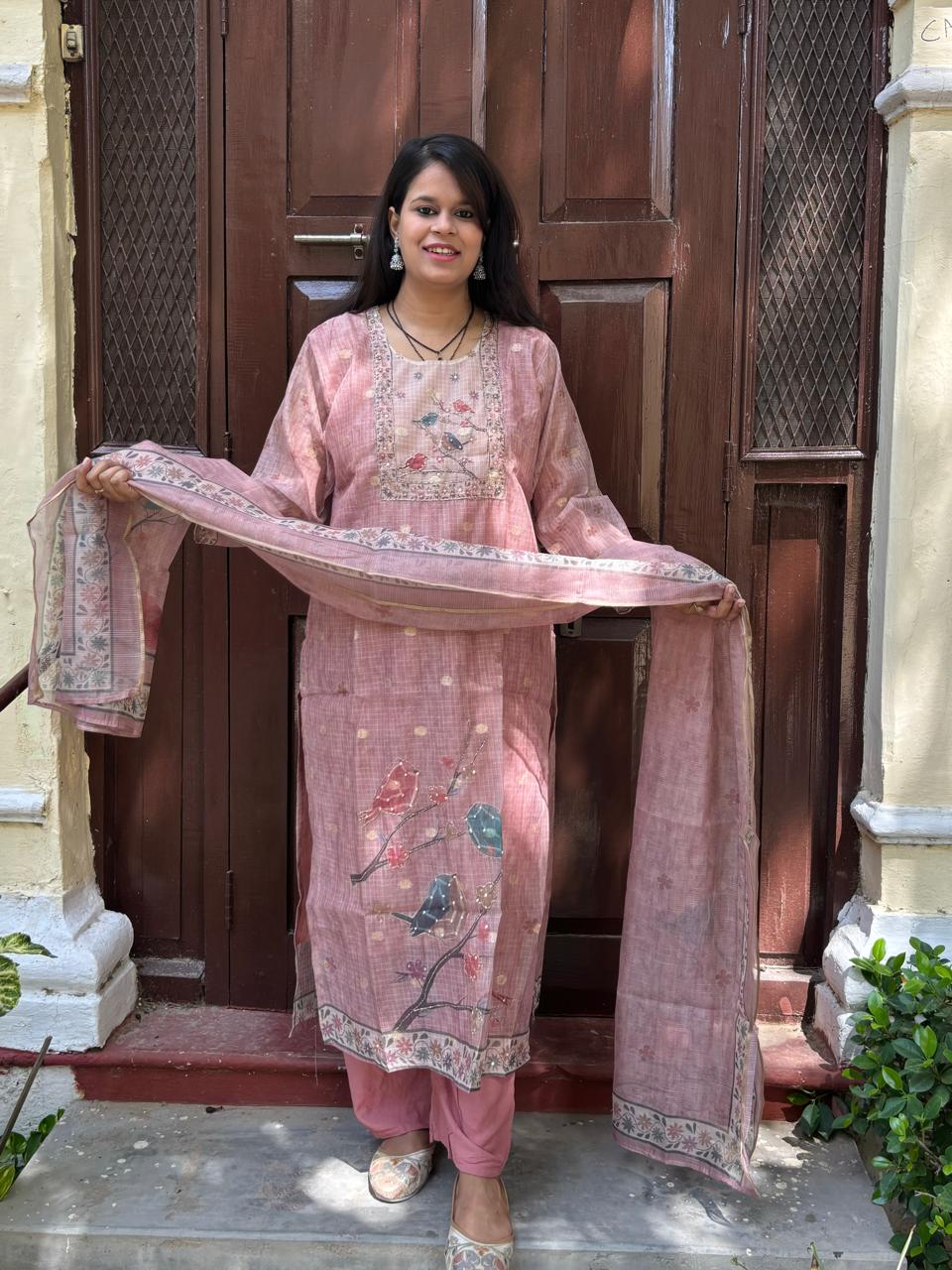 Vintage Rose Silk fully hand embroidered Printed Suit Set