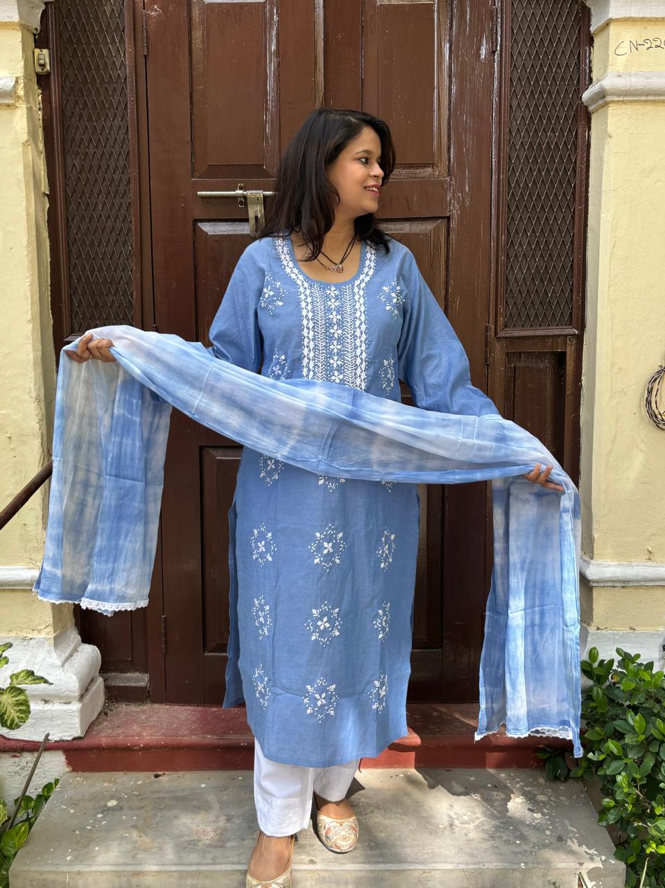 Powder Blue Khadi Silk Embroidered Kurta Set with Tie-Dye Dupatta