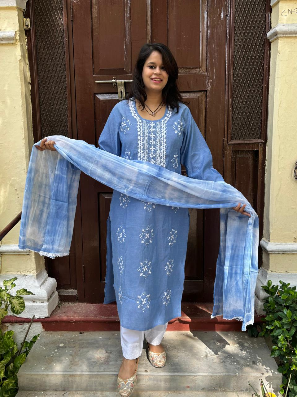 Powder Blue Khadi Silk Embroidered Kurta Set with Tie-Dye Dupatta
