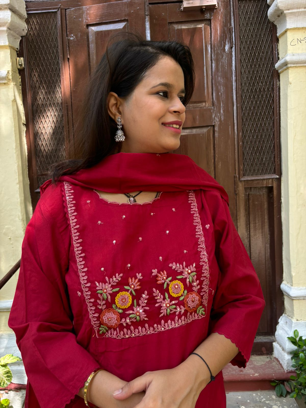 Royal Cherry Red Hand Embroidered Ethnic Set