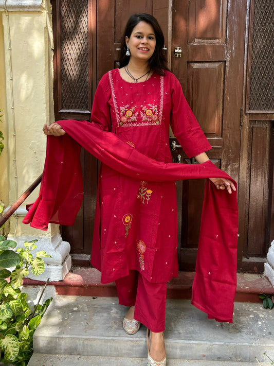 Royal Cherry Red Hand Embroidered Ethnic Set