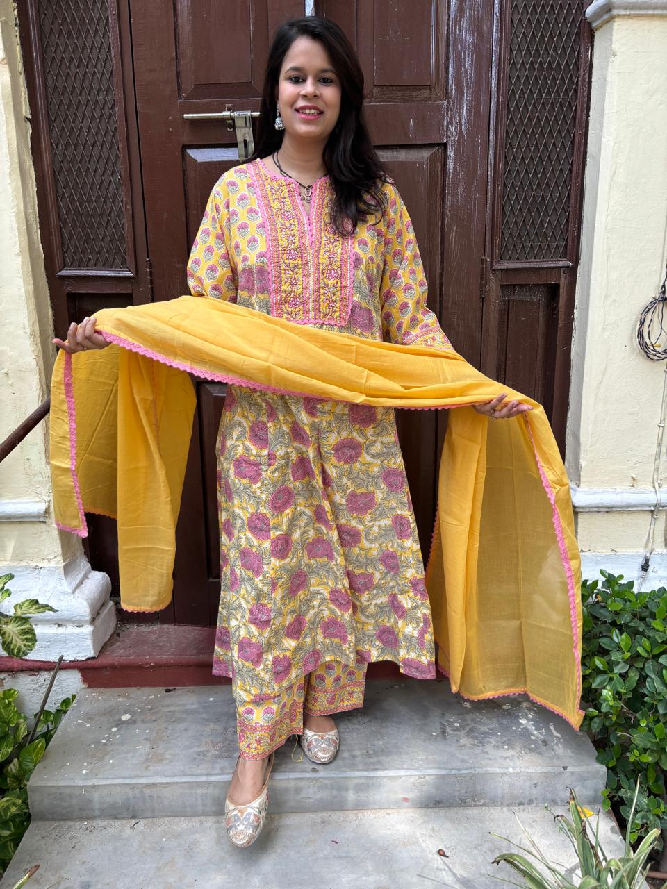 Sunshine Floral Cotton Anarkali Style Suit Set