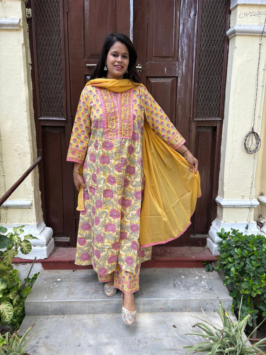 Sunshine Floral Cotton Anarkali Style Suit Set