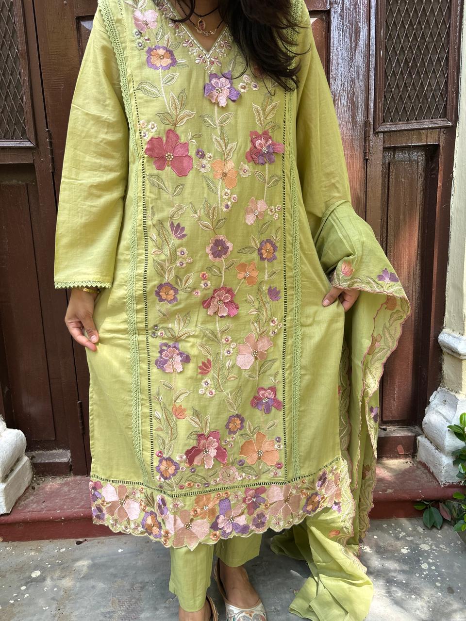 Pistachio Bloom Embroidered Suit Set