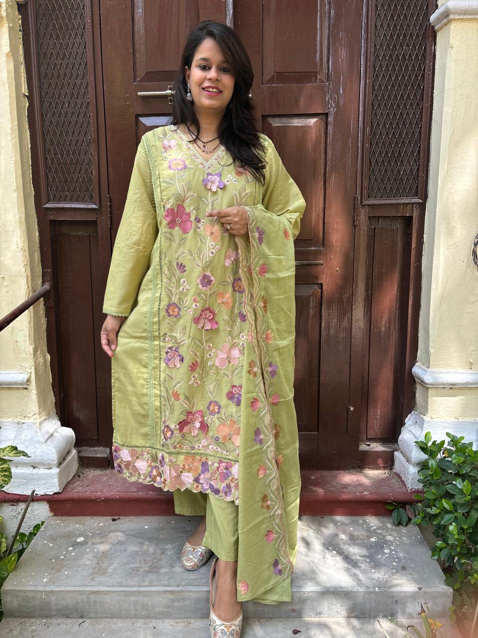 Pistachio Bloom Embroidered Suit Set