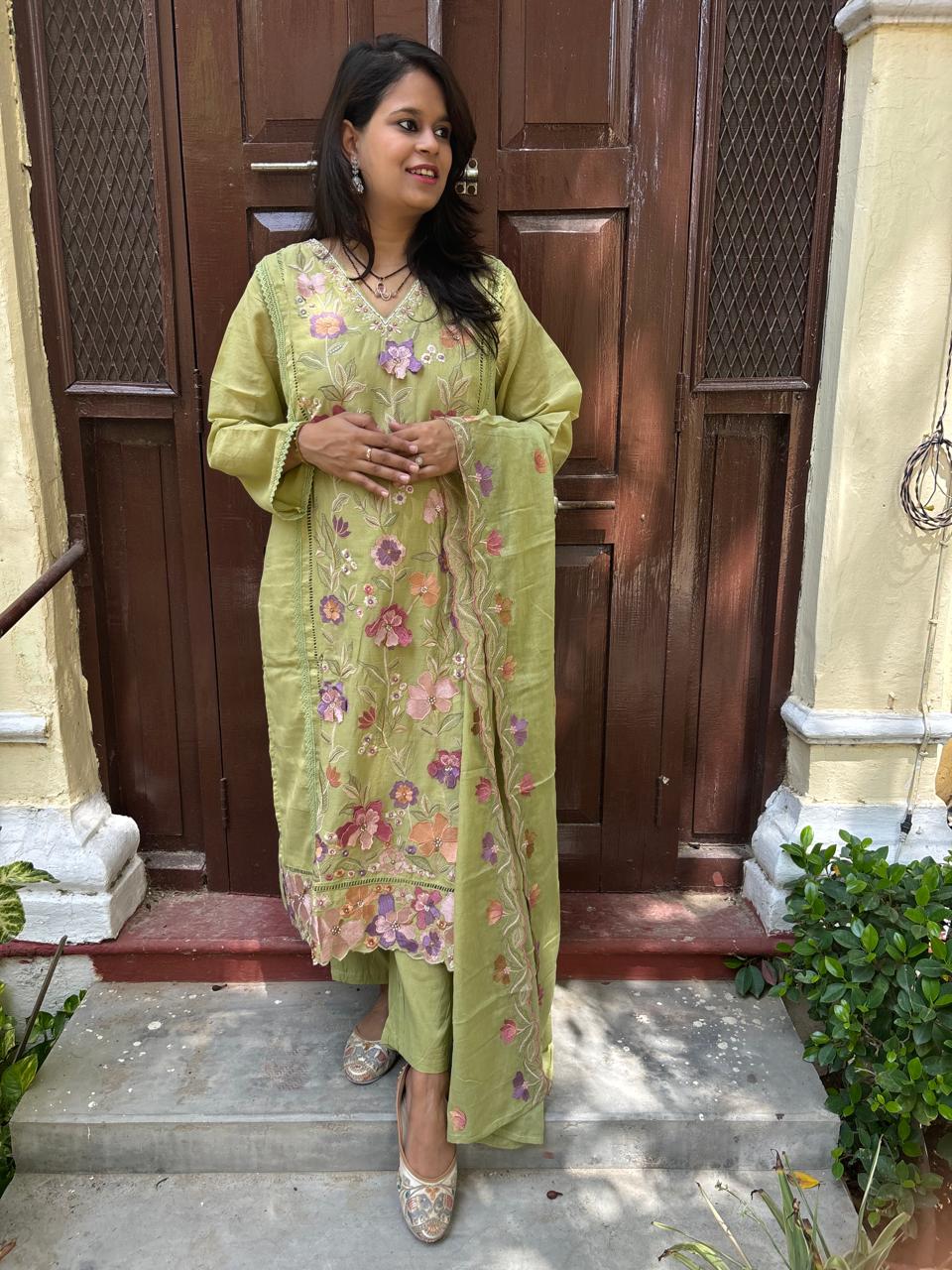 Pistachio Bloom Embroidered Suit Set