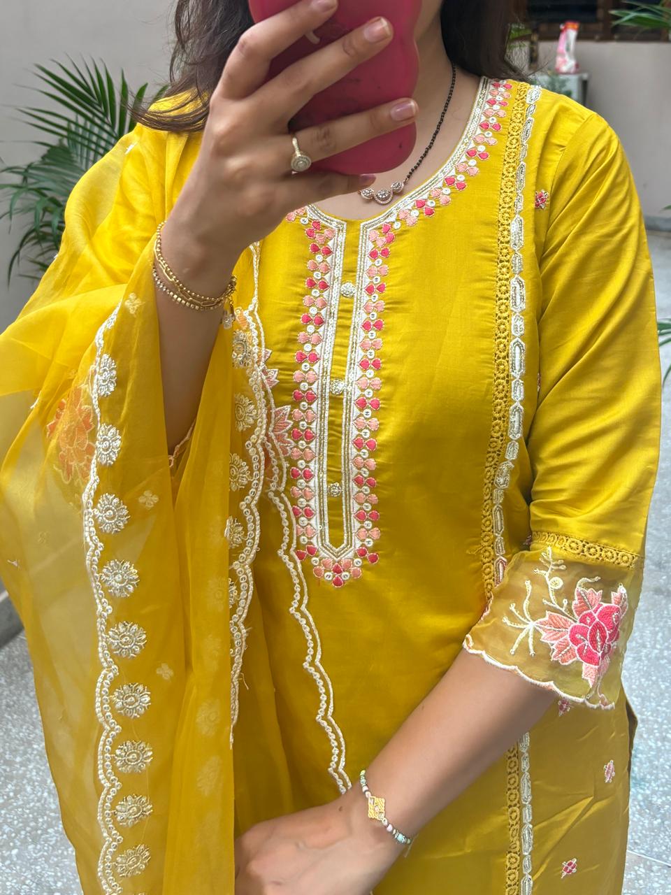 Embroidered Festive Silk Suit with Organza Dupatta- Yellow Glow