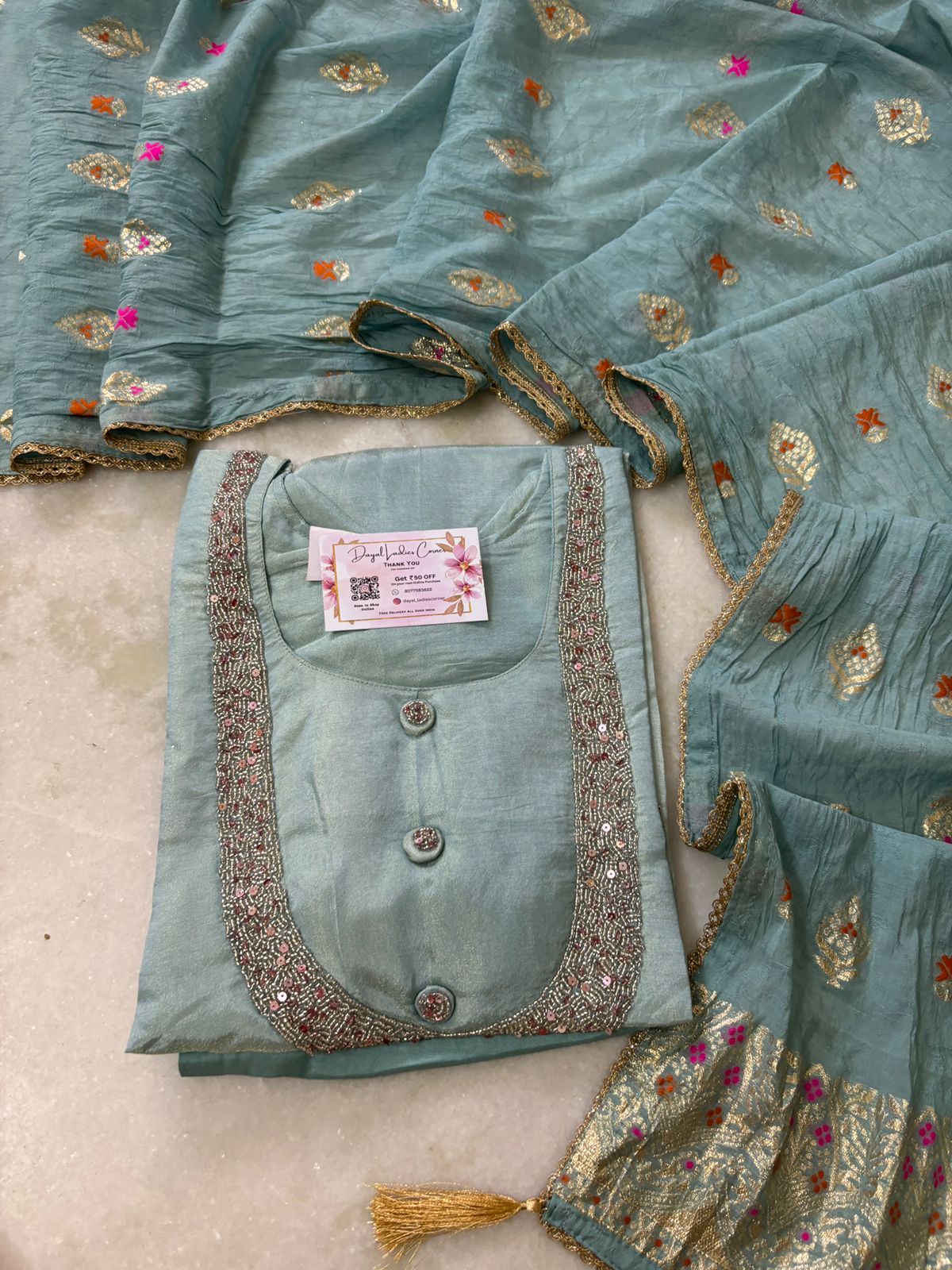 Tissue Shimmer hand embroidered Suit Set - Blue