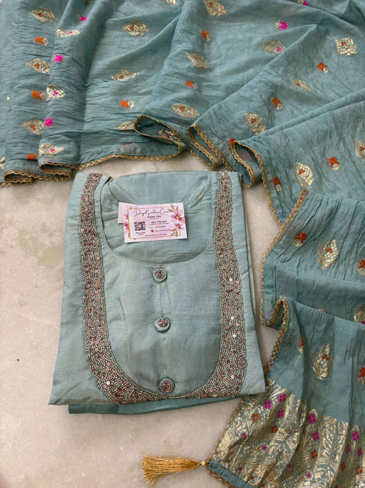 Tissue Shimmer hand embroidered Suit Set - Blue