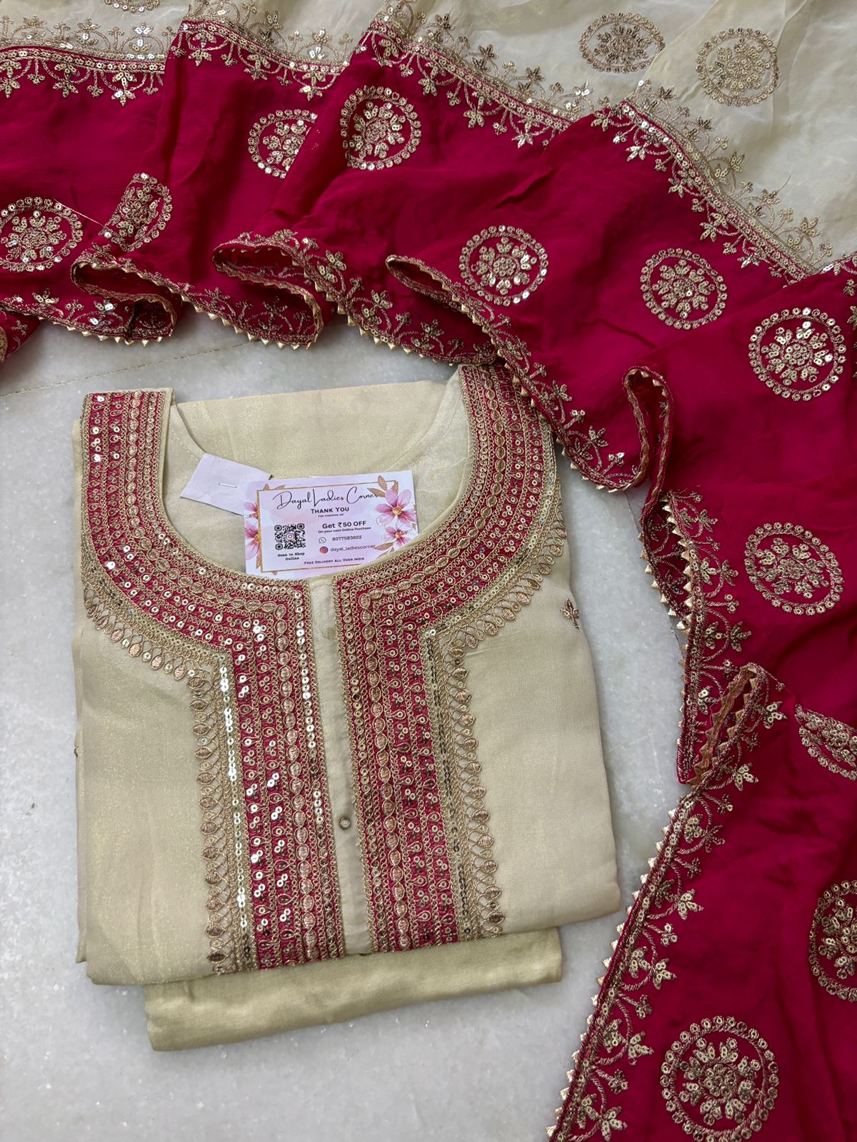 Designer Tissue Shimmer Suit - Ivory & Pink