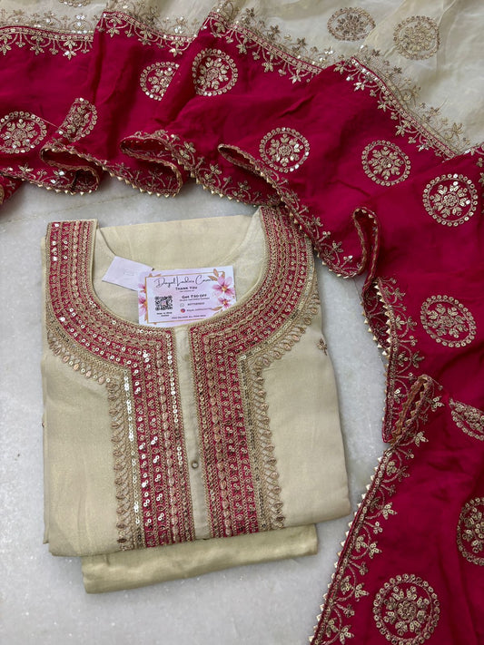 Designer Tissue Shimmer Suit - Ivory & Pink