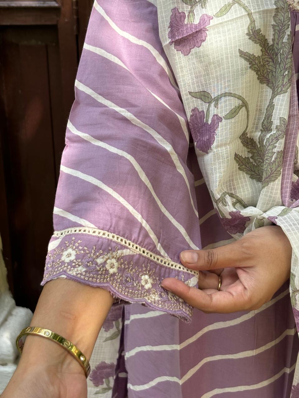 Lavendar Lehariya Suit Set with Hand Block printed dupatta