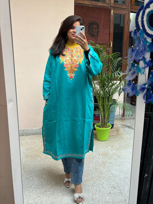 Kashmiri Woolen Phiran - Teal Blue
