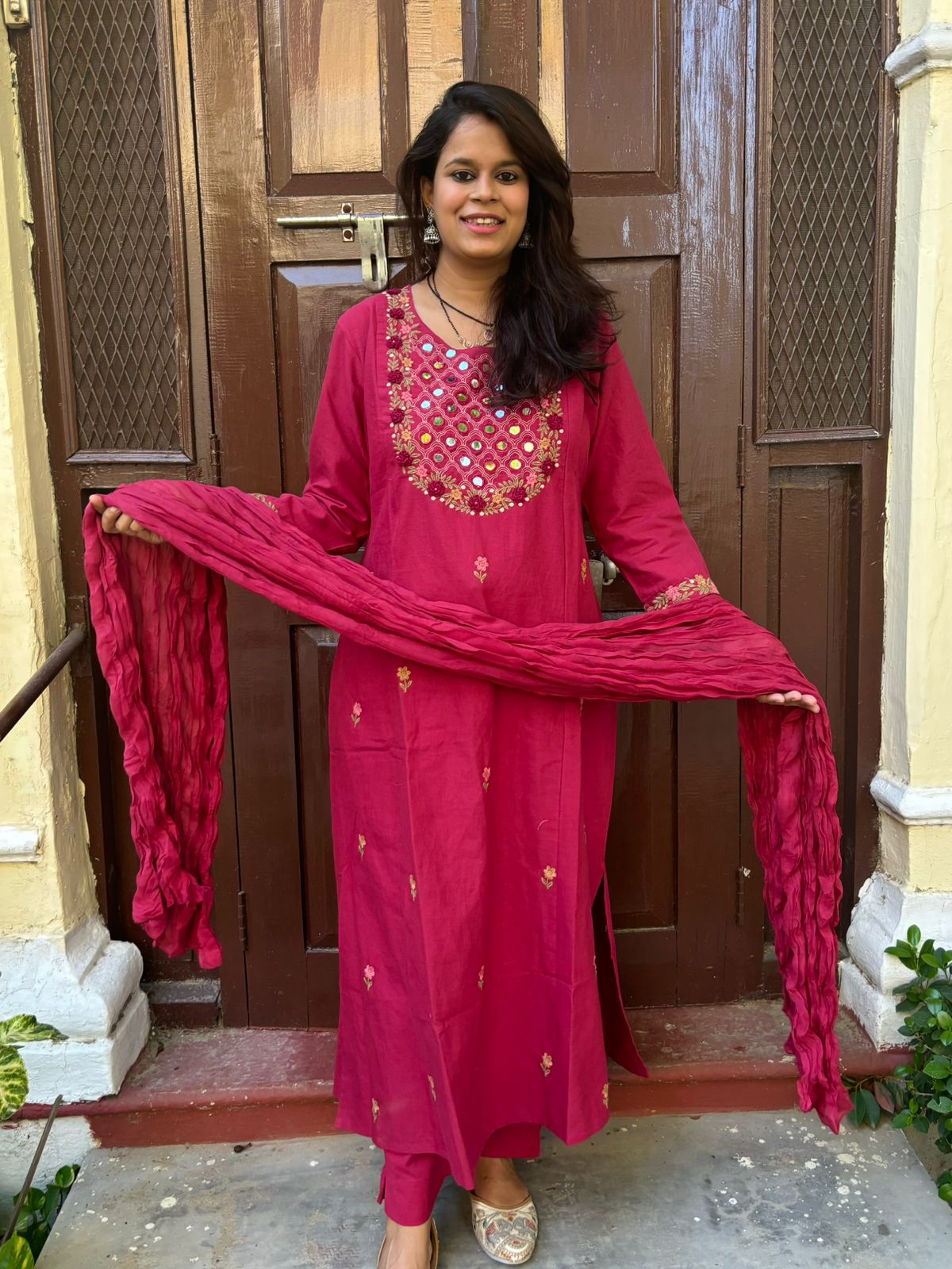 Hand Embroidered Straight Suit Set with Side Cut - Rani Pink